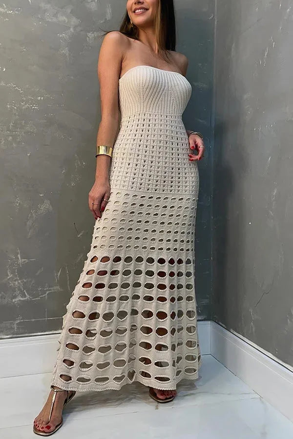 Vestido largo de mujer de punto calado con Hombros descubiertos
