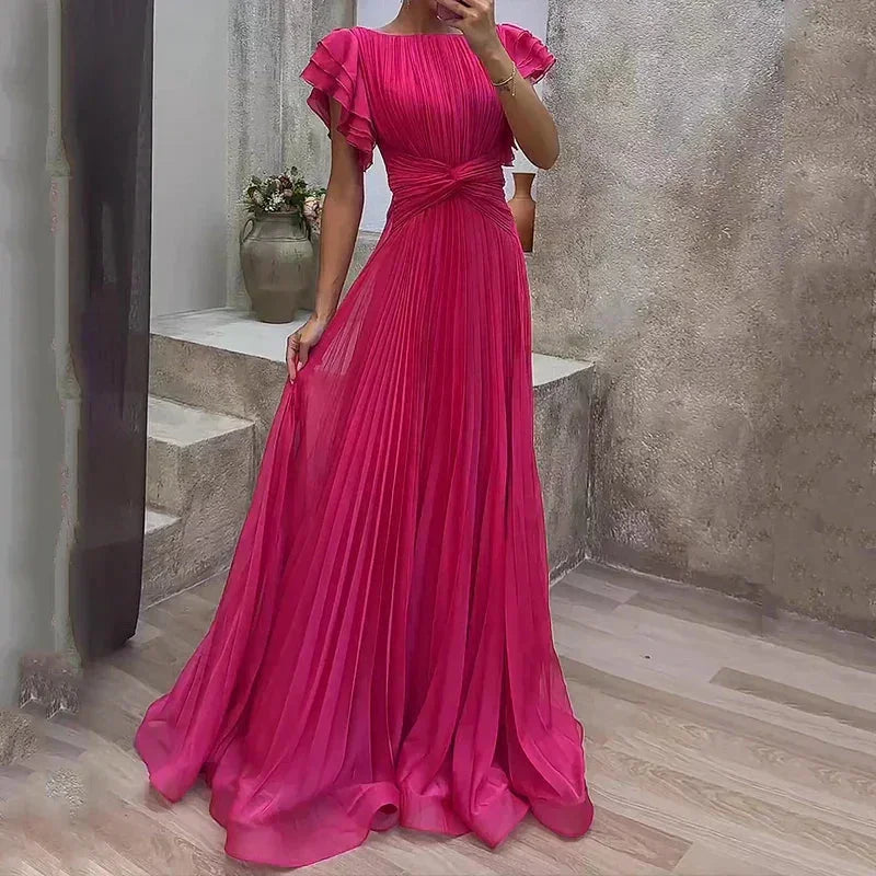 Vestido largo plisado mujer con mangas de volantes y cinturón