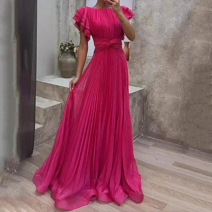 Vestido largo plisado mujer con mangas de volantes y cinturón