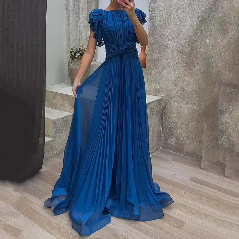 Vestido largo plisado mujer con mangas de volantes y cinturón