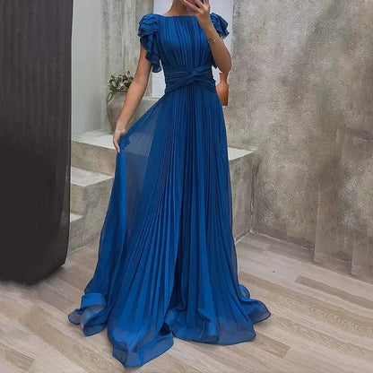Vestido largo plisado mujer con mangas de volantes y cinturón