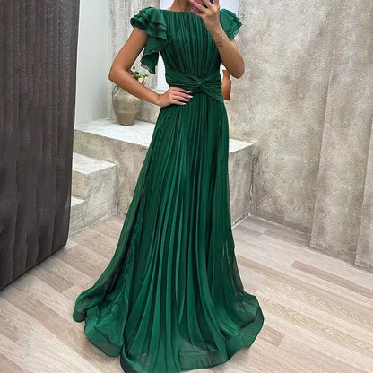 Vestido largo plisado mujer con mangas de volantes y cinturón