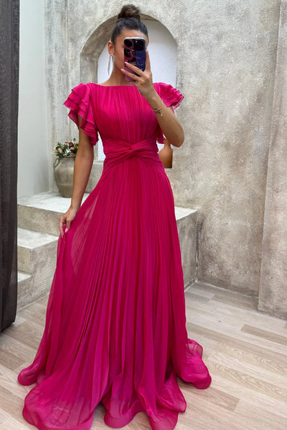 Vestido largo plisado mujer con mangas de volantes y cinturón
