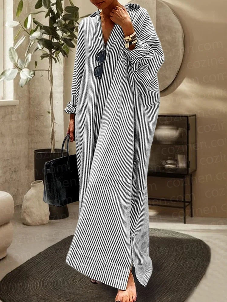 Vestido largo mujer a rayas cuello en V mangas largas