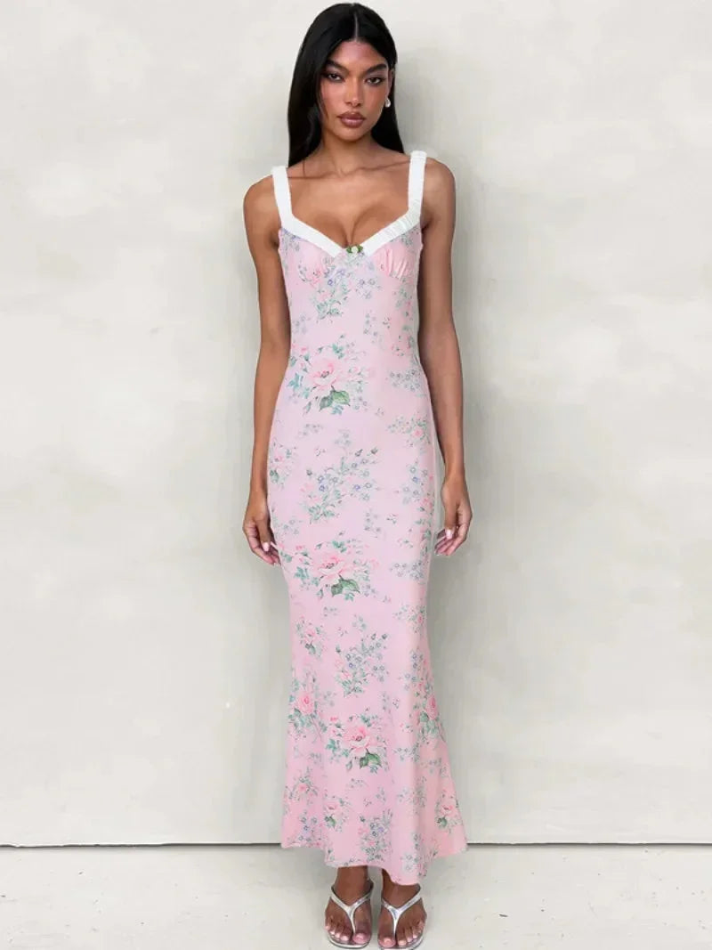 Vestido largo mujer rosa con estampado floral y espalda abierta