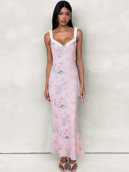 Vestido largo mujer rosa con estampado floral y espalda abierta