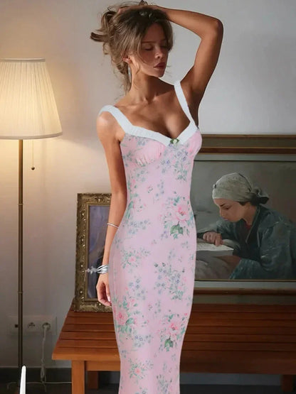 Vestido largo mujer rosa con estampado floral y espalda abierta