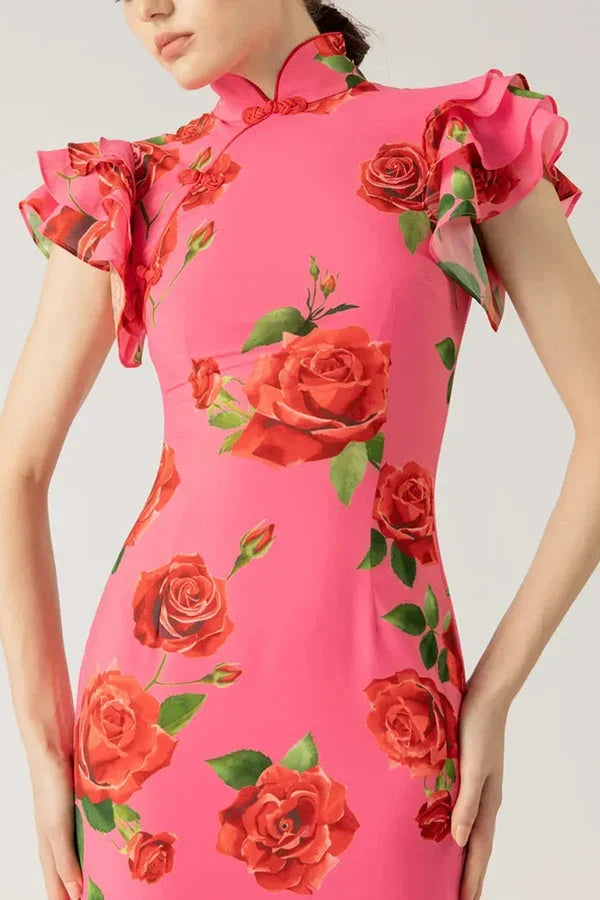 Vestido largo mujer floral rosa con mangas con volantes