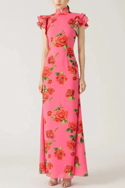 Vestido largo mujer floral rosa con mangas con volantes
