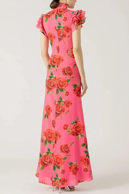 Vestido largo mujer floral rosa con mangas con volantes
