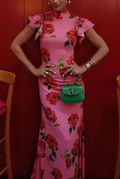 Vestido largo mujer floral rosa con mangas con volantes