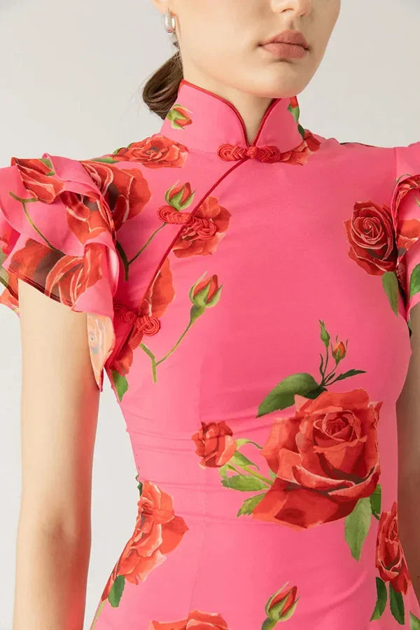 Vestido largo mujer floral rosa con mangas con volantes