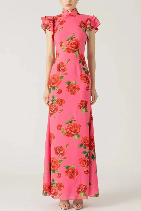 Vestido largo mujer floral rosa con mangas con volantes