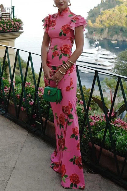Vestido largo mujer floral rosa con mangas con volantes