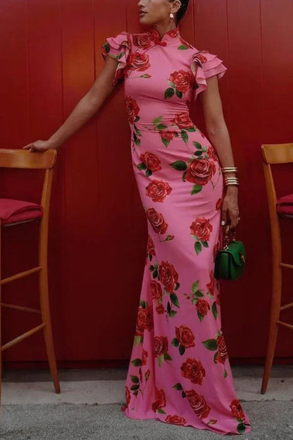 Vestido largo mujer floral rosa con mangas con volantes