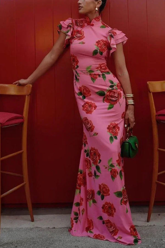 Vestido largo mujer floral rosa con mangas con volantes
