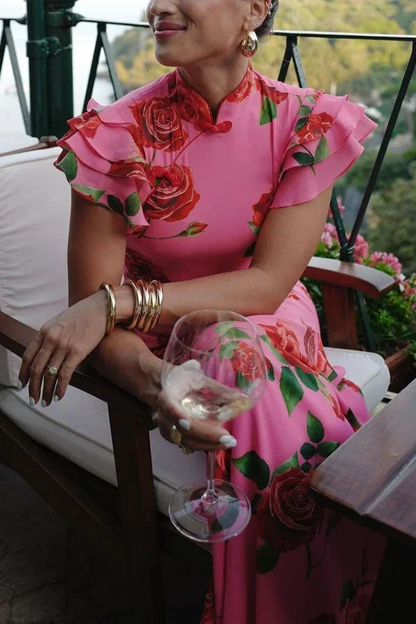 Vestido largo mujer floral rosa con mangas con volantes