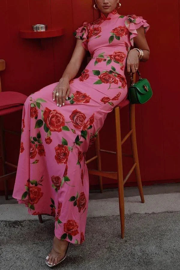Vestido largo mujer floral rosa con mangas con volantes