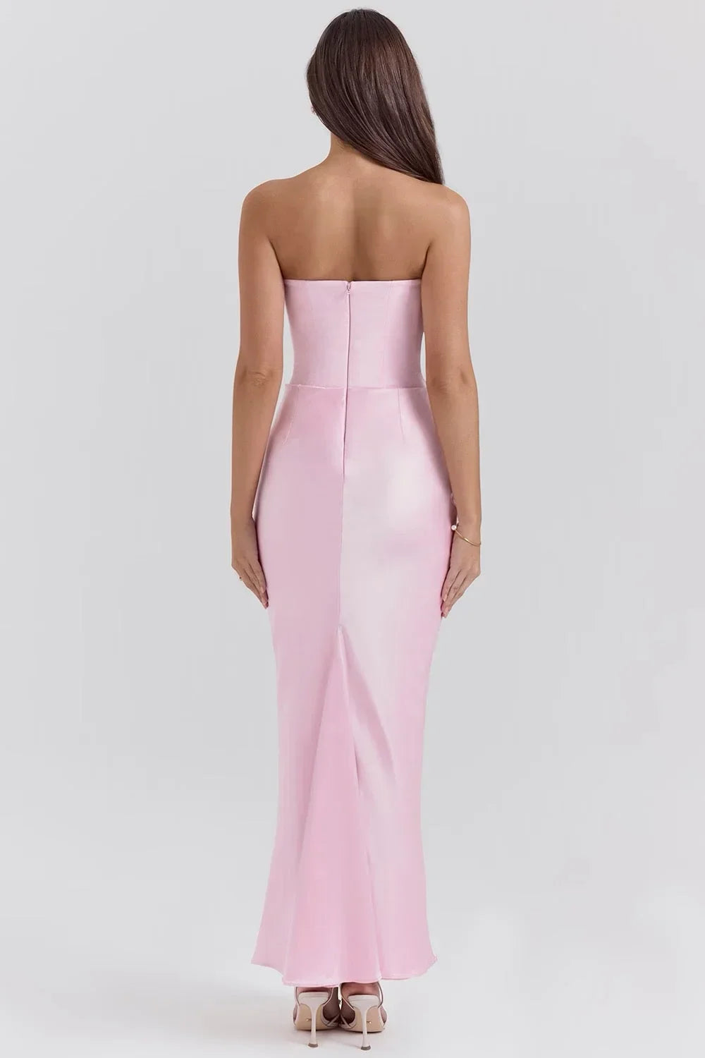 Vestido largo mujer palabra de honor drapeado rosa sin tirantes