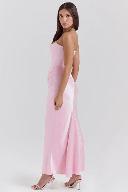 Vestido largo mujer palabra de honor drapeado rosa sin tirantes
