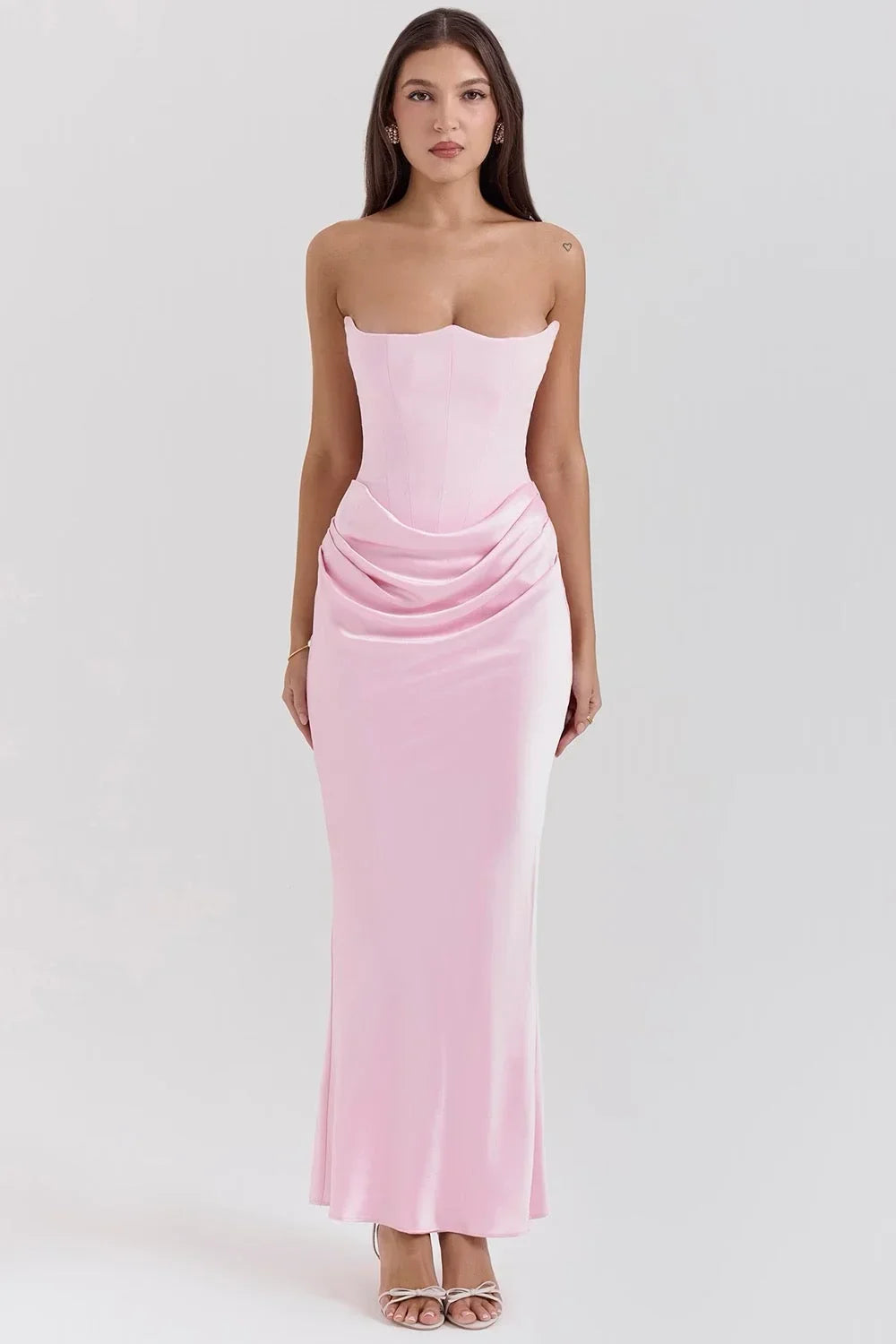 Vestido largo mujer palabra de honor drapeado rosa sin tirantes