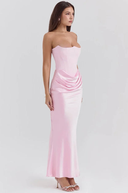 Vestido largo mujer palabra de honor drapeado rosa sin tirantes