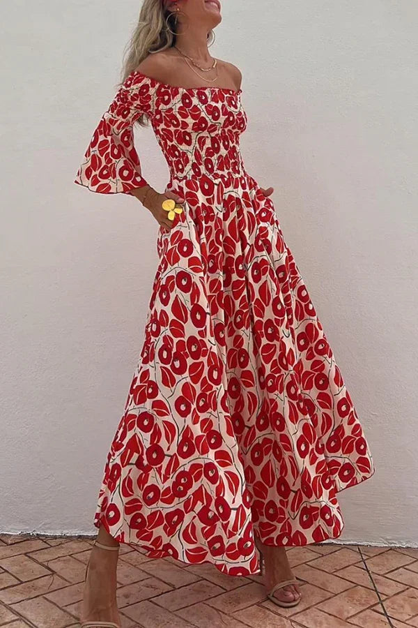 Vestido largo rojo Hombros descubiertos con estampado floral