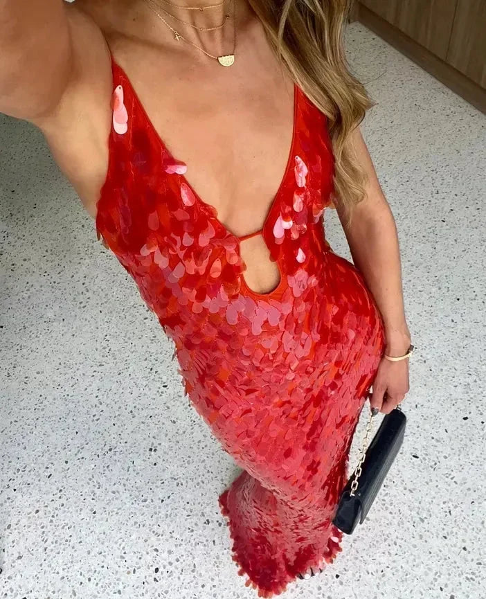 Vestido largo mujer rojo con lentejuelas y tirantes finos de fiesta