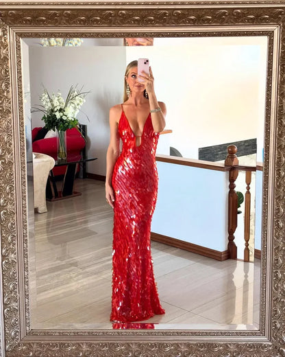 Vestido largo mujer rojo con lentejuelas y tirantes finos de fiesta