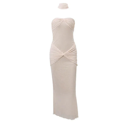 Vestido largo mujer sin tirantes con detalles drapeados