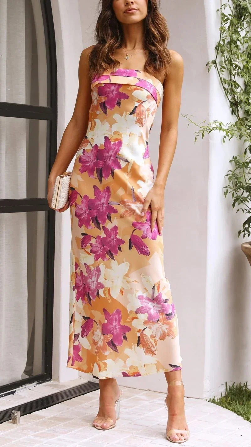 Vestido largo mujer sin tirantes con estampado floral