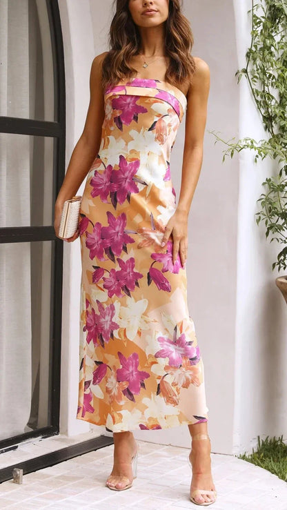 Vestido largo mujer sin tirantes con estampado floral
