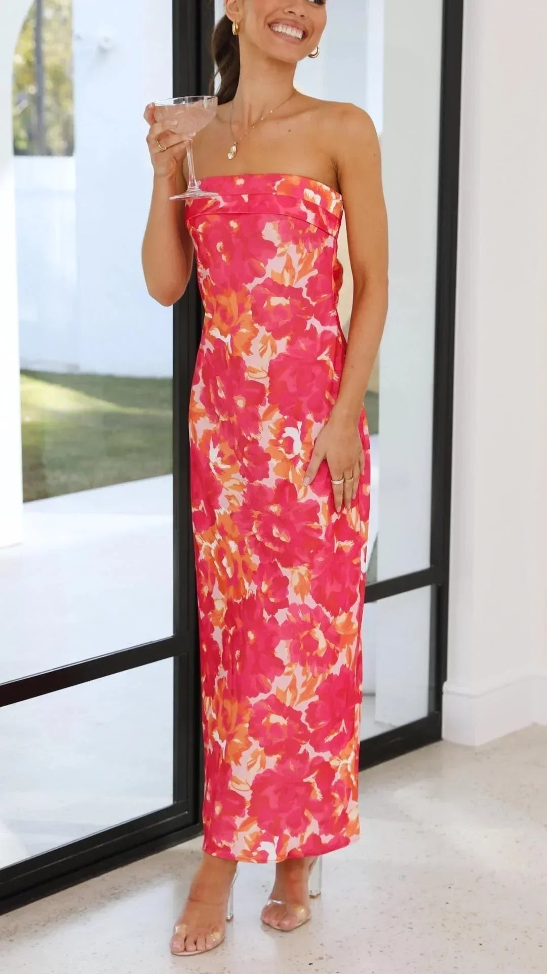 Vestido largo mujer sin tirantes con estampado floral