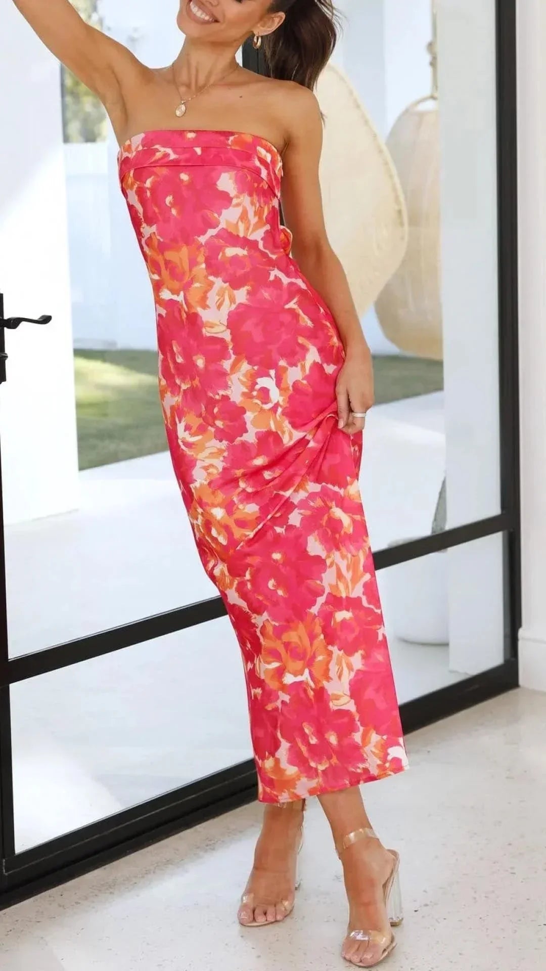 Vestido largo mujer sin tirantes con estampado floral
