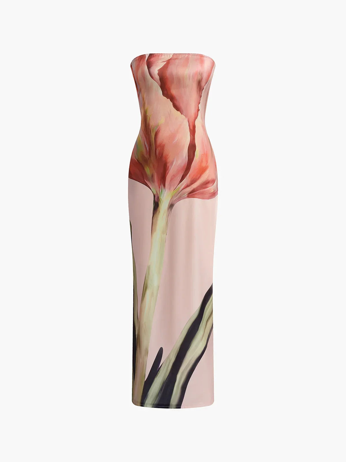 Vestido largo floral sin tirantes con estampado naranja