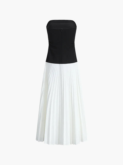 Vestido largo de mujer sin tirantes con falda plisada