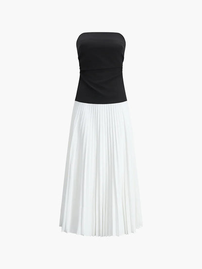 Vestido largo de mujer sin tirantes con falda plisada