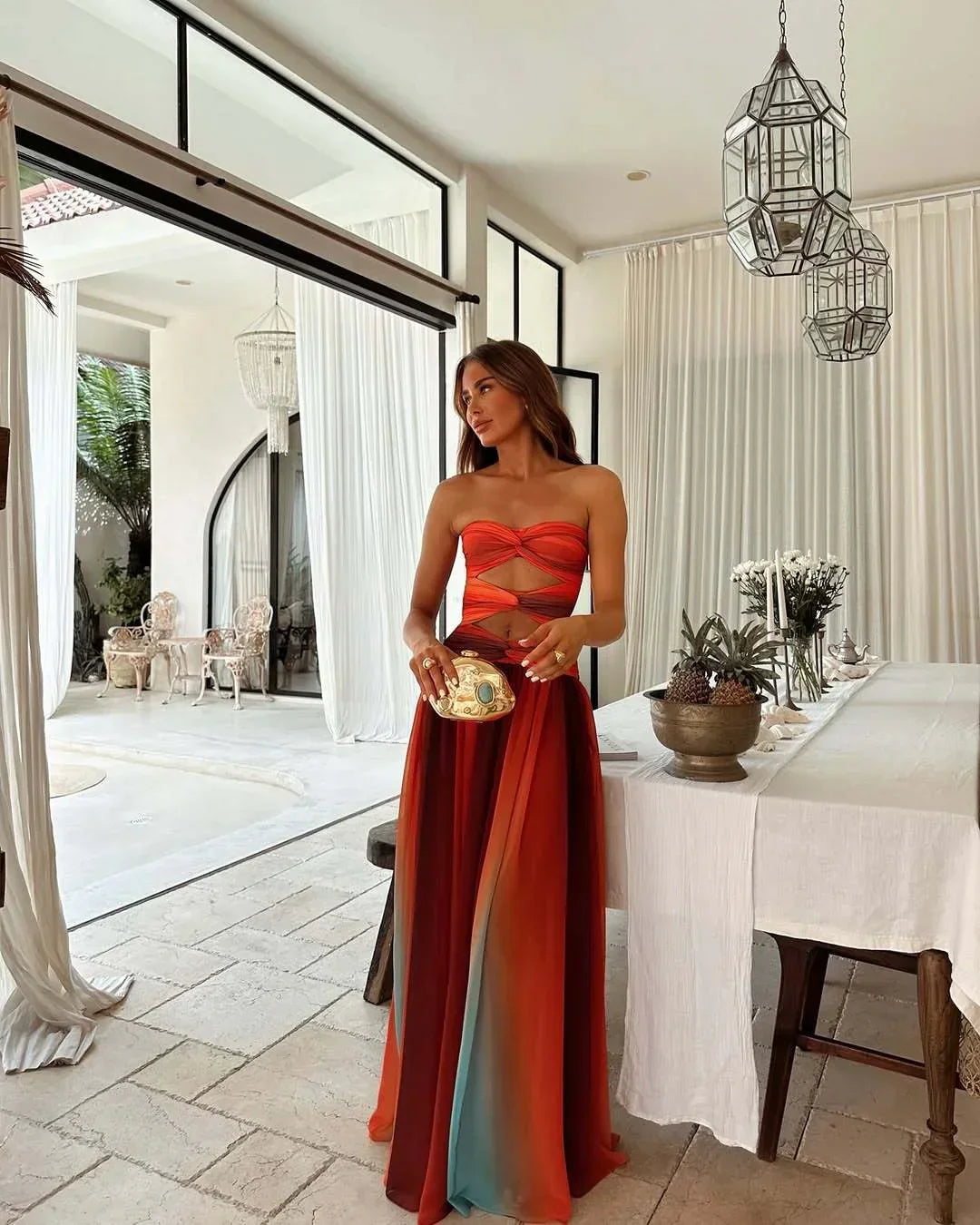 Vestido largo mujer sin tirantes rojo y naranja verano
