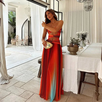 Vestido largo mujer sin tirantes rojo y naranja verano