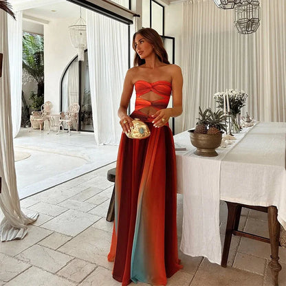 Vestido largo mujer sin tirantes rojo y naranja verano