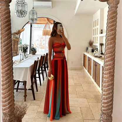 Vestido largo mujer sin tirantes rojo y naranja verano
