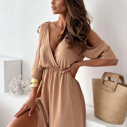 Vestido largo mujer con cuello en V y mangas abiertas