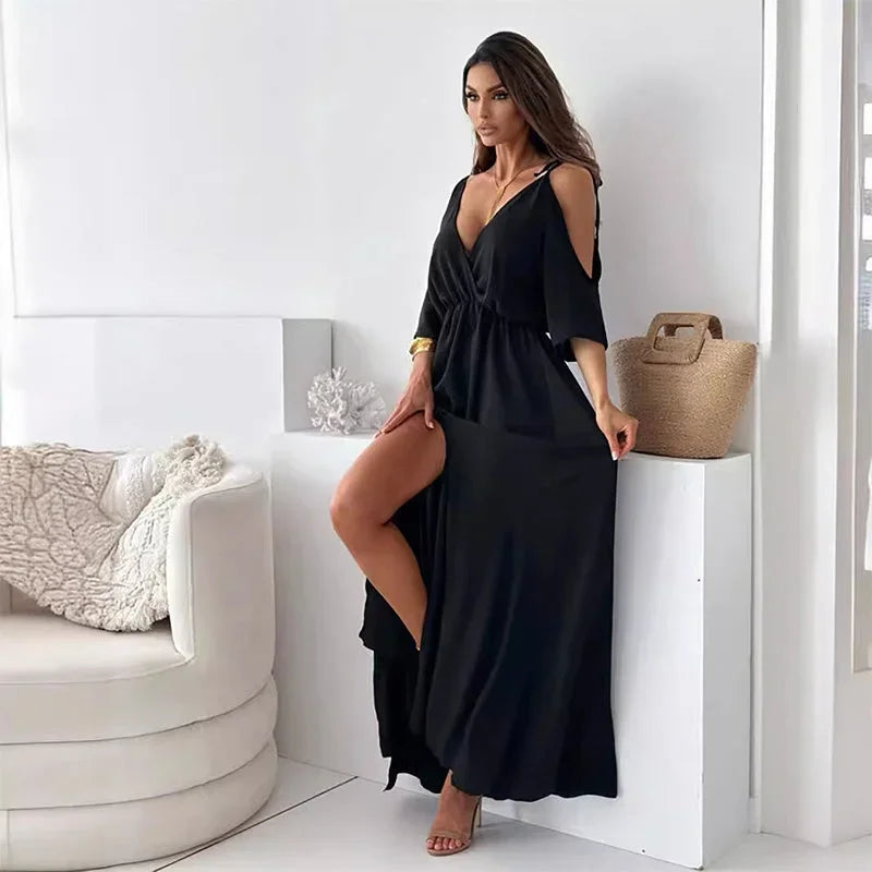 Vestido largo mujer con cuello en V y mangas abiertas