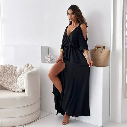 Vestido largo mujer con cuello en V y mangas abiertas