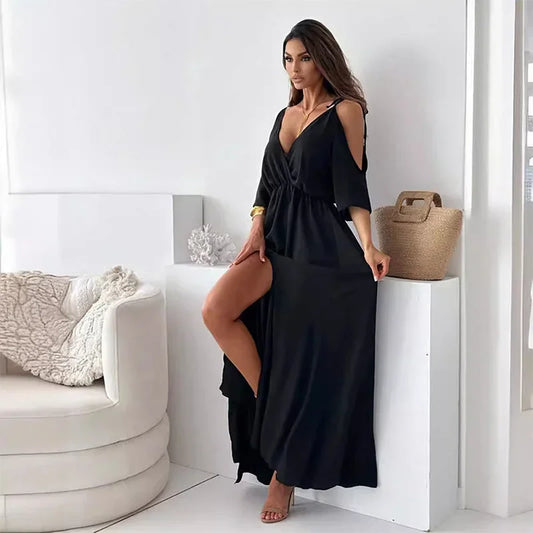 Vestido largo mujer con cuello en V y mangas abiertas
