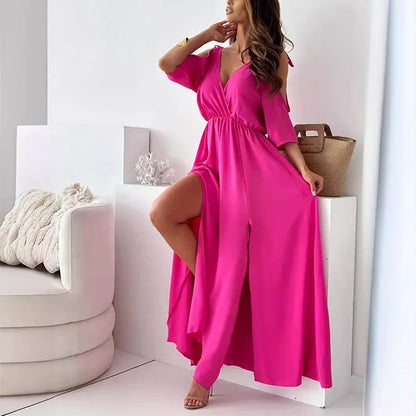 Vestido largo mujer con cuello en V y mangas abiertas