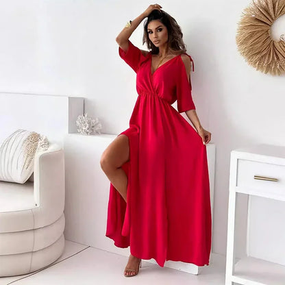 Vestido largo mujer con cuello en V y mangas abiertas