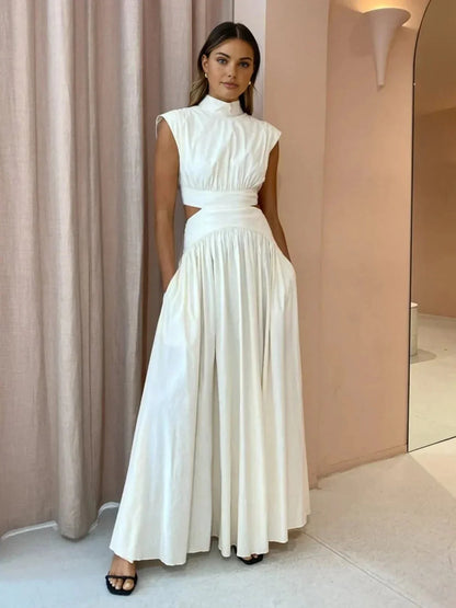 Vestido largo mujer de cuello alto con recortes elegantes