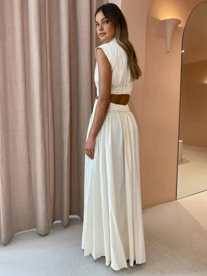 Vestido largo mujer de cuello alto con recortes elegantes