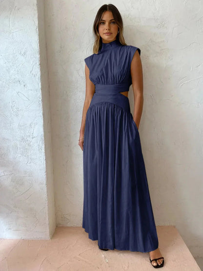 Vestido largo mujer de cuello alto con recortes elegantes